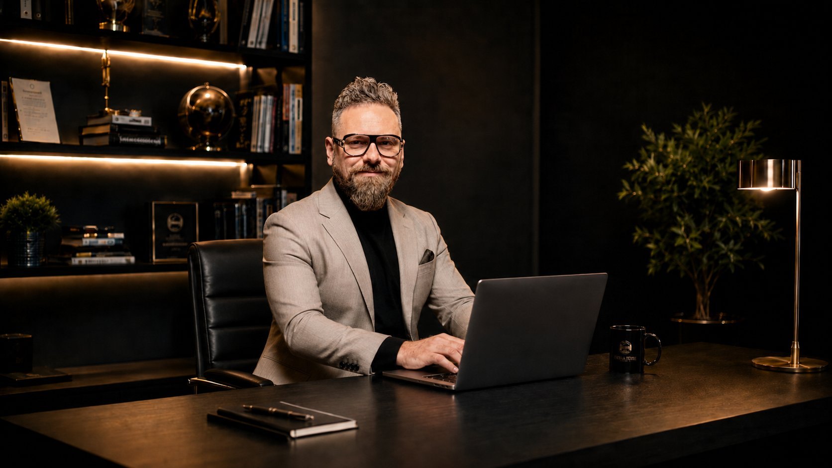 Emanuel Crișan lucrând la laptop în atelierul său, într-un birou cu bibliotecă și premii.